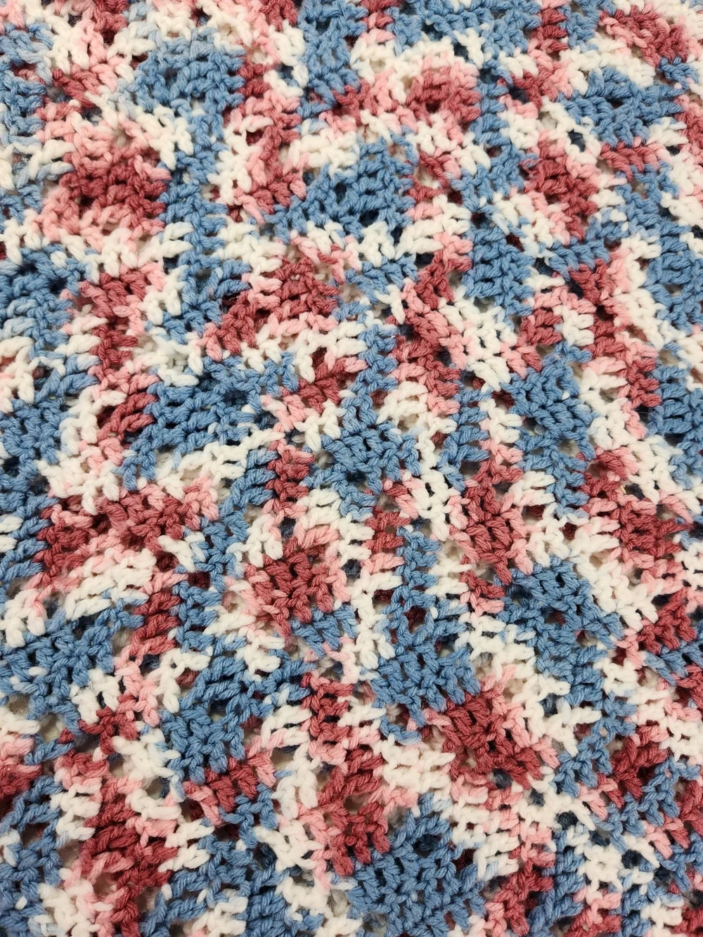 Handmade Crochet Throw Blanket Pink Blue White Fringe Granny 34x80  See Descript